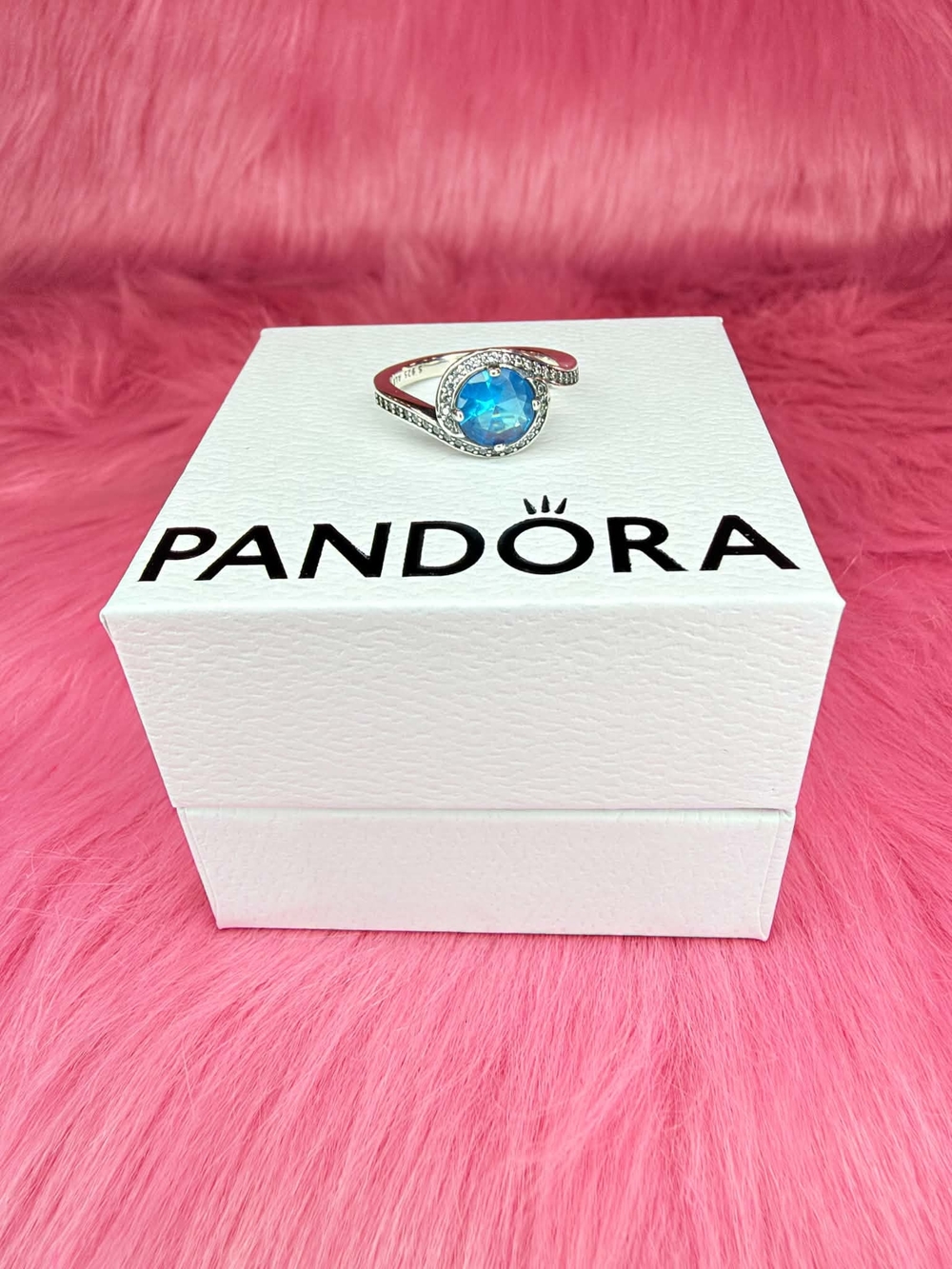 Pandora Silver Ring with Bright Blue Crystal